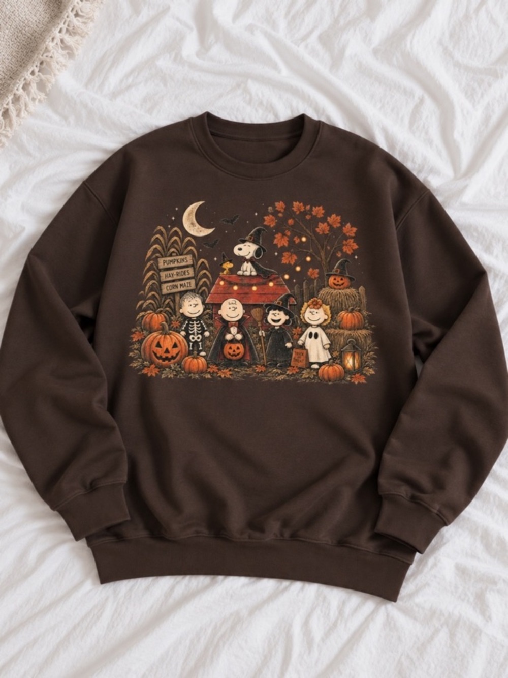 Dark Chocolate Halloween Graphic Crewneck Sweatshirt with Orange Accents